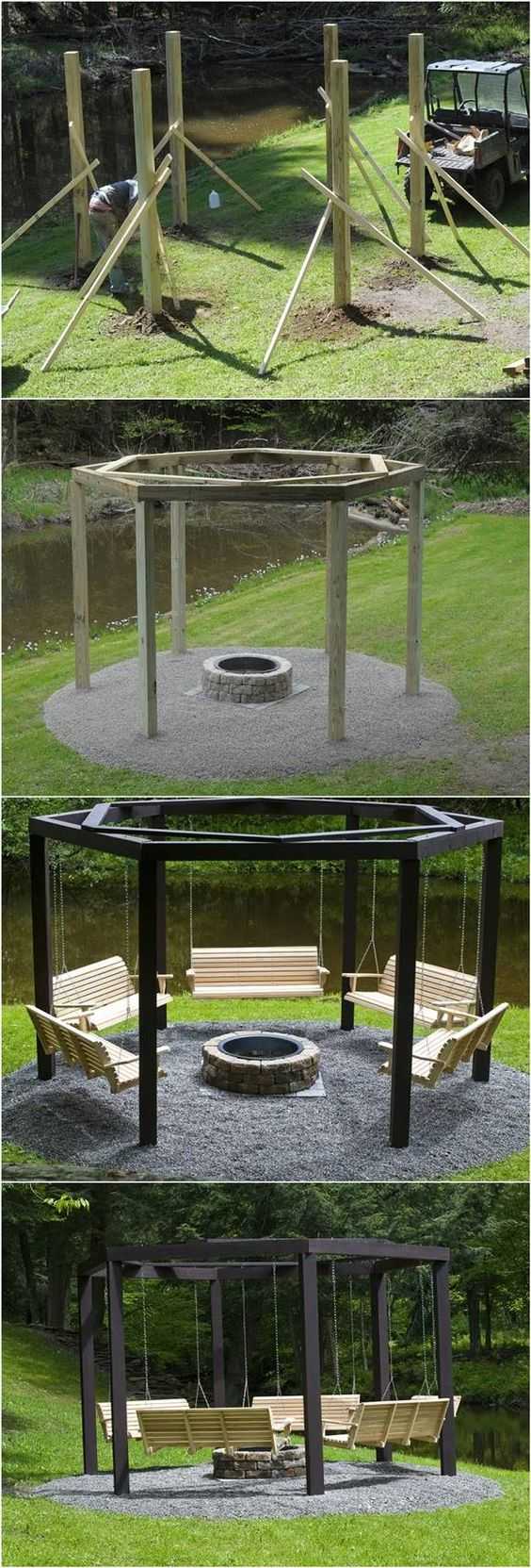 For a fire pit with a difference, add some porch swings for ultimate relaxation. Via Ana White